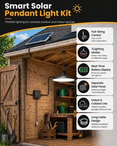Miniatura 2 de Luz Solar de Cobertizo Interior Exterior, Luz Colgante Solar 2000LM Disponible Durante el Día con Pantalla de Batería, Luces Solares Impermeables