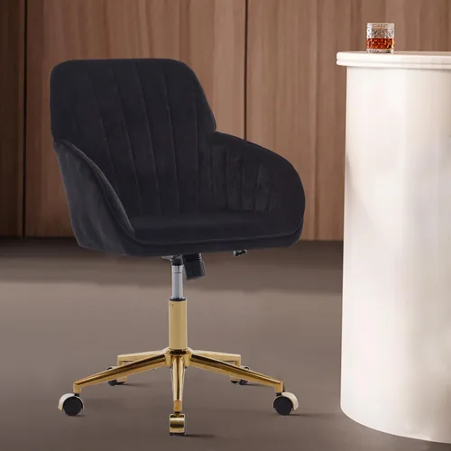 Miniatura 7 de Silla de oficina en casa, silla giratoria de terciopelo para escritorio, sillón tapizado moderno con base dorada para niñas y mujeres, asiento