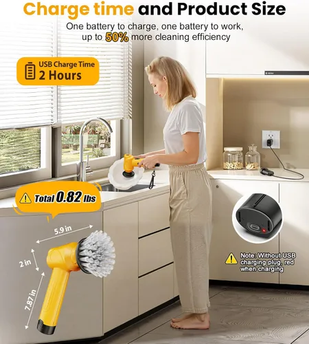 Miniatura 5 de qimedo Battery Electric Spin Scrubber Q4, Handheld Scrubber for Cleaning with Display, Power Dish Scrubber with 5 Heads, Shower Cordless Cleaning