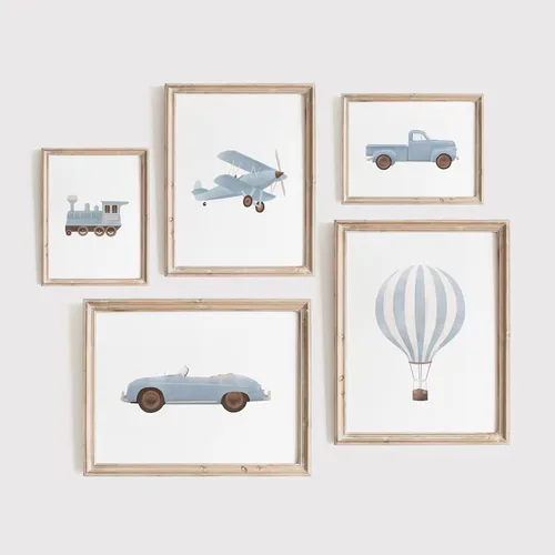Arte de pared de carro azul para decoración de habitación de niños, póster de lienzo vintage de tren de transporte, arte de pared, acuarela,