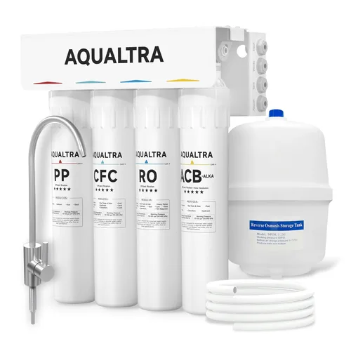 AQUALTRA USF-4RF-100 100 GPD Sistema alcalino de ósmosis inversa 3: 1 puro para drenar debajo del fregadero Sistema de filtración de agua con grifo