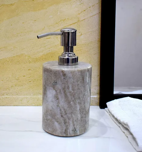 Miniatura 5 de Dispensador de jabón líquido de piedra natural hecho en piedra. Dispensador de jabón de piedra con bomba de esmalte cromado, ideal para habitación
