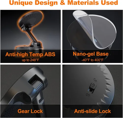 Miniatura 6 de Soportes de teléfono para tu automóvil [base de nano-gel de 108 libras + succión al vacío y 3600 gf magnético] Soporte ajustable de 360°