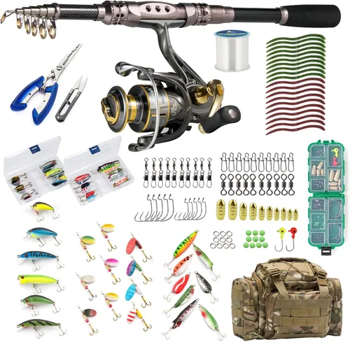 Dr.Fish Combos de caña de pescar y carrete de 125 piezas telescópico de caña giratoria Equipo de engranaje para adultos plegable viaje completo
