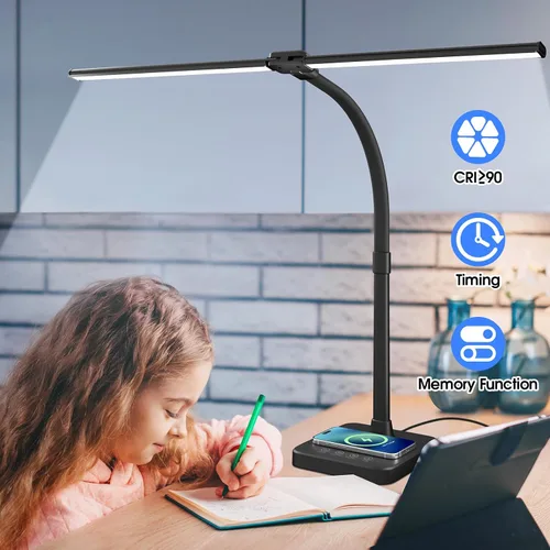 Miniatura 8 de ShineTech Lámpara de escritorio LED para oficina en casa, luz de escritorio de doble cabezal de 24 W con carga inalámbrica, puerto USB, 25 modos