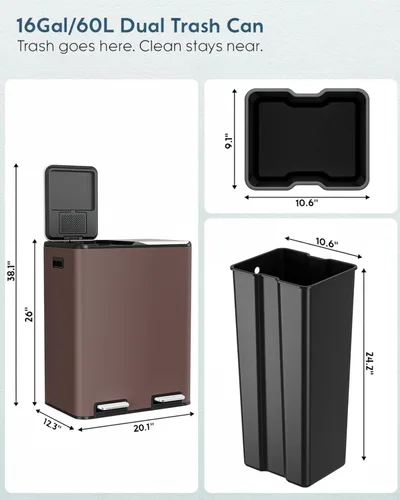Miniatura 2 de Arlopu Cubo de basura doble de 16 galones con 2 cajas integradas para control de olores, cubo de basura de cocina manos libres, cubo de basura
