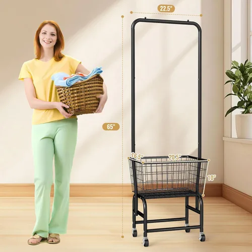 Miniatura 4 de ALIMORDEN Carro de lavandería con estante para ropa, carrito de lavandería rodante con estante de almacenamiento de alambre, Negro
