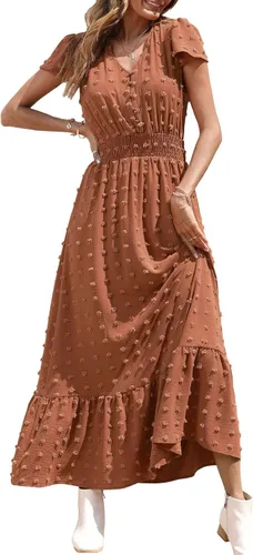 PRETTYGARDEN - Vestido bohemio de manga corta con cuello en V y plumetí con volantes vestido maxi fruncido de cóctel