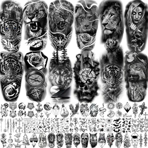 COKTAK 64 hojas grandes de tatuajes temporales de brazo negro para hombres, antebrazo, mujeres, muslo, media manga, animales, león, tigre, lobo,