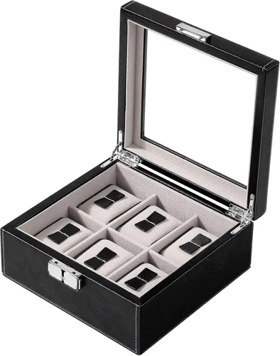 BareTulip Caja organizadora de reloj para hombre, caja de reloj con 6 ranuras, caja de reloj de piel sintética con ventana de vidrio y cerradura