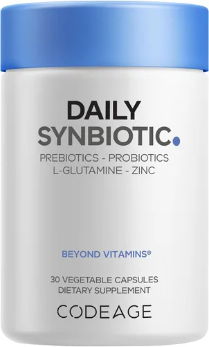 Codeage Suplemento sinbiótico diario – Prebióticos, probióticos Lactobacillus y bifidobacterias, L-glutamina, L-Carnosina de zinc, DGL, probiótico