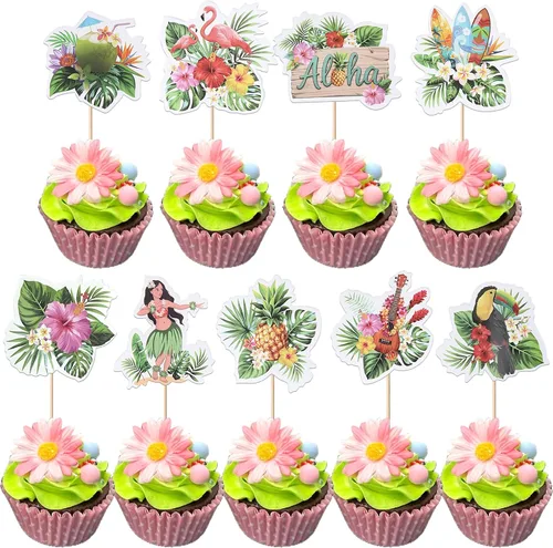 Miniatura 10 de Rsstarxi Paquete de 25 adornos tropicales para cupcakes Luau con decoración de pastel de flamenco de feliz cumpleaños, palmera, flamenco, piña