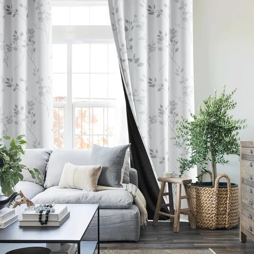 Miniatura 5 de Beauoop Cortinas Florales 100% Opacas de 54 Pulgadas de Largo, 2 Paneles para Dormitorio, Sala de Estar, Azul Gris y Blanco con Patrón de Flores