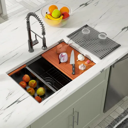 Dcolora 27" Fregadero de cocina negro de gunmetal con estación de trabajo de acero inoxidable de calibre 16 para instalación empotrada - tazón Negro