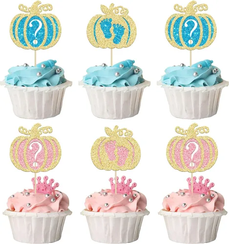 Miniatura 14 de 24 adornos para cupcakes de calabaza para niños o niñas con purpurina para revelación de género, decoración para cupcakes de calabaza, pies
