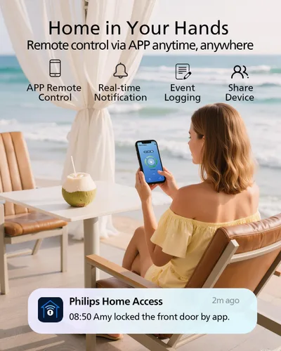 Miniatura 2 de Cerradura inteligente Philips WiFi con asa, cerradura de puerta sin llave con huella dactilar y puente WiFi, cerraduras inteligentes para puerta