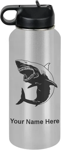 Miniatura 76 de LaserGram Botella de agua personalizada, gran tiburón blanco, acero inoxidable de doble pared aislada al vacío con popote superior, regalo grabado
