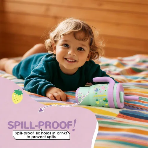 Miniatura 5 de KXIAOCHEN Vaso para niños de 14 onzas con asa para evitar derrames, vaso aislado reutilizable de acero inoxidable para niños pequeños, mantiene