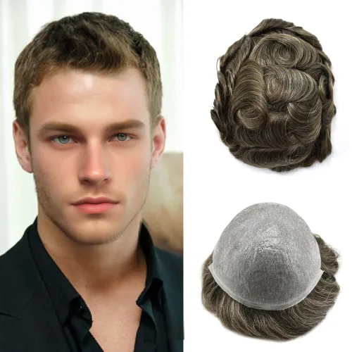 Miniatura 19 de Toupee para hombres, piel ultra fina, 0.002 in, base de poli completa, bucle en V, suave, sistema de reemplazo de cabello humano, pelucas para #1