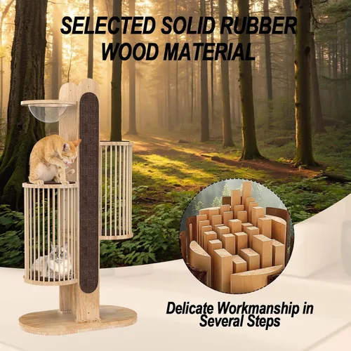 Miniatura 4 de Moderna torre de árbol para gatos de interior, torre para gatos de madera maciza de 67 pulgadas de alto con postes rascadores, casa de lujo natural