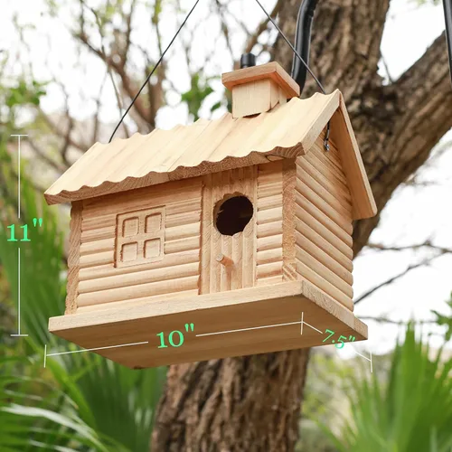 Miniatura 6 de STARSWR Casa de pájaros en el exterior, casas para pájaros al aire libre, cabaña de madera natural para pájaros, 2 agujeros, pinzón azul