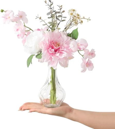 Miniatura 9 de Flores artificiales pequeñas de 11.8 pulgadas en jarrón de cerámica, centro de mesa de flores de seda púrpura para mesa de comedor, oficina, boda