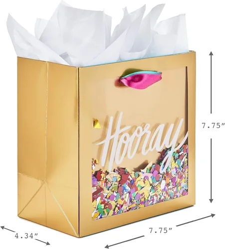 Miniatura 3 de Hallmark Signature - Bolsa de regalo de 7 pulgadas (tamaño mediano) con papel de seda (¡Hurray! Oro con confeti rosa, turquesa, púrpura)