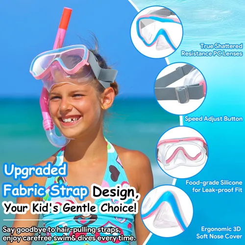 Miniatura 2 de Vvinca Kids-Goggles with Nose Cover, Diving Mask Elastic Fabric Strap Anti Fog Anti Shattered Lens for Kids Swim Goggles 3-14 09-Rosa/Azul