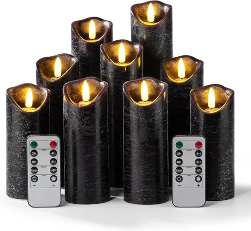 Hausware Juego de 9 velas sin llama que funcionan con pilas, velas eléctricas parpadeantes de cera real con temporizador de control remoto para