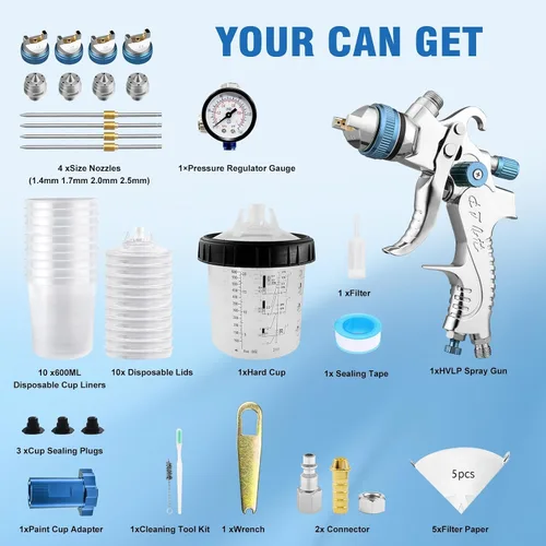 Miniatura 7 de RRJ HVLP - Kit de pistola de pulverización, taza de mezcla de 22.0 fl oz y 10 vasos y tapas desechables, pistola de pintura automotriz con boquillas