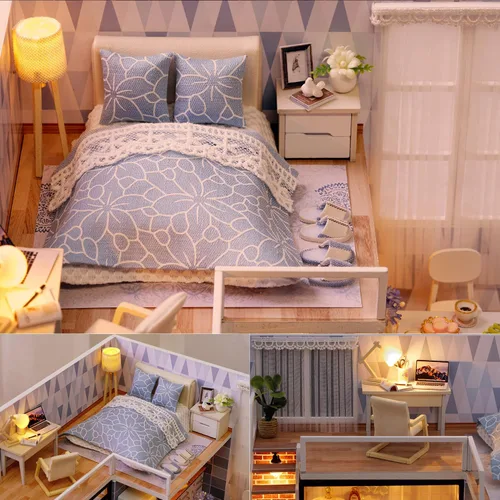Miniatura 5 de TuKIIE Kit de casa de muñecas en miniatura con muebles, a escala 1:24, casa de muñecas de madera con accesorios, a prueba de polvo, con música