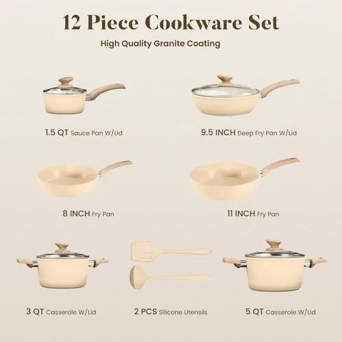Miniatura 8 de Kitchen Academy Juego de ollas y sartenes de inducción antiadherentes, juego de utensilios de cocina antiadherentes de 12 piezas, juego de ollas