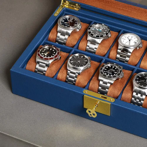 Miniatura 7 de ROTHWELL Caja de reloj de cuero con 10 ranuras, organizador de joyas de lujo, soporte para reloj con tapa de cristal grande, organizador de caja