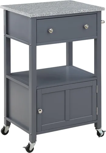 OSP Home Furnishings Fairfax Farmhouse - Carrito de cocina con parte superior de granito, armario de almacenamiento rodante con toallero, estante y