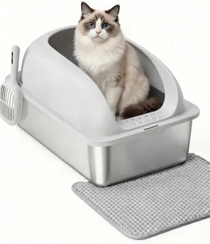 Miniatura 8 de Simple Deluxe Caja de arena XL para gatos de acero inoxidable con tapa, bandeja de arena de metal de alta cara para gatos grandes, a prueba