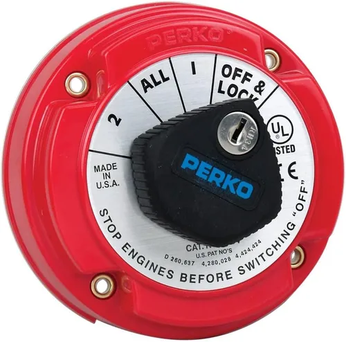 Perko 8504DP Interruptor selector de batería de servicio medio con desconexión de campo de alternador y bloqueo de llave, 5-1/4 pulgadas de diámetro