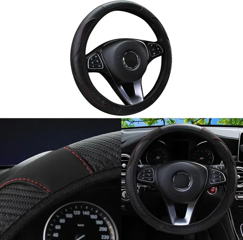 Miniatura 21 de Funda para volante de automóvil, microfibra de fibra de carbono de 15 pulgadas, antideslizante, transpirable, protector elástico para volante