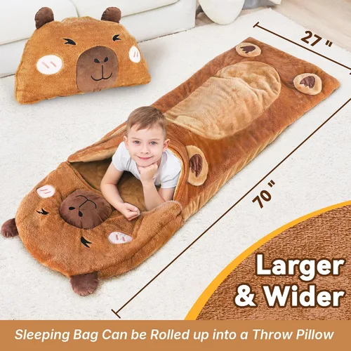 Miniatura 7 de iPlay, iLearn Saco de dormir para niños, saco de dormir Capybara de felpa, tapete para siesta para niña y niño, almohada de animal marrón 2 en 1