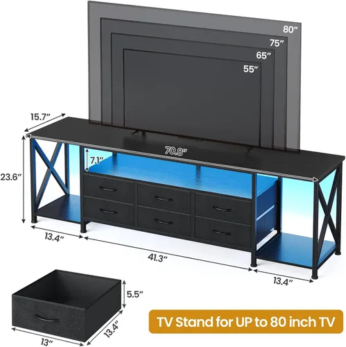 Miniatura 2 de BTHFST Soporte de TV con luces LED y tomas de corriente, para televisores de hasta 85 pulgadas, 6 cajones de tela, centro de entretenimiento