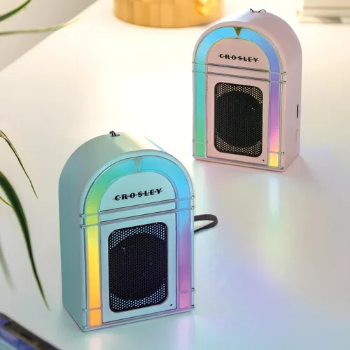 Miniatura 7 de Crosley CR3046A-AB Mini Jukebox Altavoz Bluetooth portátil con luces LED y micrófono, azul aguamarina Azul Aqua