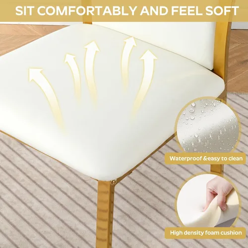 Miniatura 7 de Juego de 4 sillas de comedor modernas, de piel sintética blanca con patas de metal cromado dorado, diseño de respaldo alto curvo y acolchado