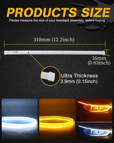Miniatura 2 de Qasim - Tira de luz LED flexible de tubo suave de 30 cm, guía diurna de 12 pulgadas, luz de señal de giro secuencial y fluida en blanco y amarillo