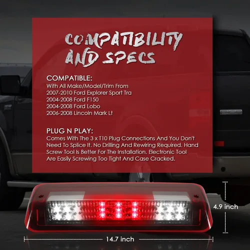 Miniatura 7 de 3ª luz de freno de montaje alto compatible con Ford F150 2004 2005 2006 2007 2008, Ford Explorer Sport Trac 07-10, Lincoln Mark LT 06-08 Lincoln Rojo