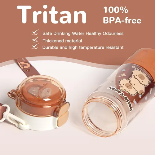 Miniatura 2 de Botella de Agua Capybara, Botella de Agua Kawaii con popote, bonitas botellas de agua Capybara con correa ajustable y calcomanías - para niños
