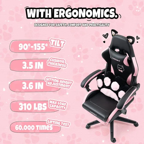 Miniatura 7 de Vigosit Silla de Gaming con Orejas de Gato de Piel Sintética PU Ergonómica Regulable Silla de Oficina para Escritorio de Computadora para Jugadores