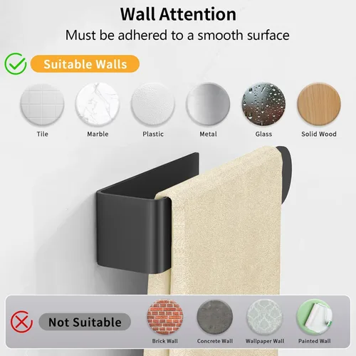 Miniatura 8 de Toallero adhesivo, toallero de mano autoadhesivo para baño montado en la pared, barra de toalla de mano cuadrada de 8 pulgadas para armario de Negro