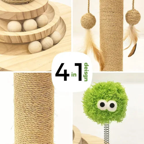 Miniatura 2 de TINYBEAST Poste rascador de madera para gatos, juguete rascador de gato 4 en 1 con pistas de bolas para gatos, poste rascador de sisal de 18