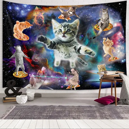 Miniatura 3 de Viajar Tapiz de gato, universo de fantasía, galaxia espacial, divertido tapiz de gato para niños y niños, decoración de pared de nebulosa y cielo