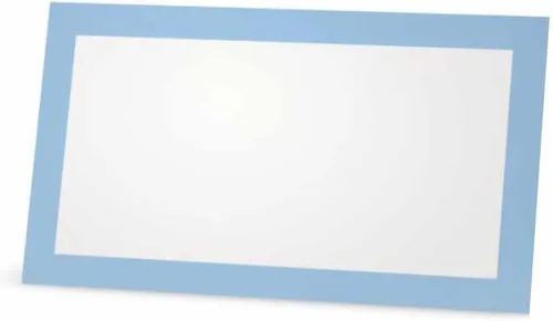 Tarjetas de lugar color azul bebé, plano o tienda de campaña, paquete de 10 o 50 unidades, parte delantera blanca en blanco con borde de color