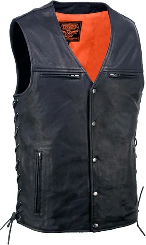 Milwaukee Leather MLM3517 - Chaleco de motociclista con cuello en V para hombre, color negro, de piel desnuda, con encaje lateral